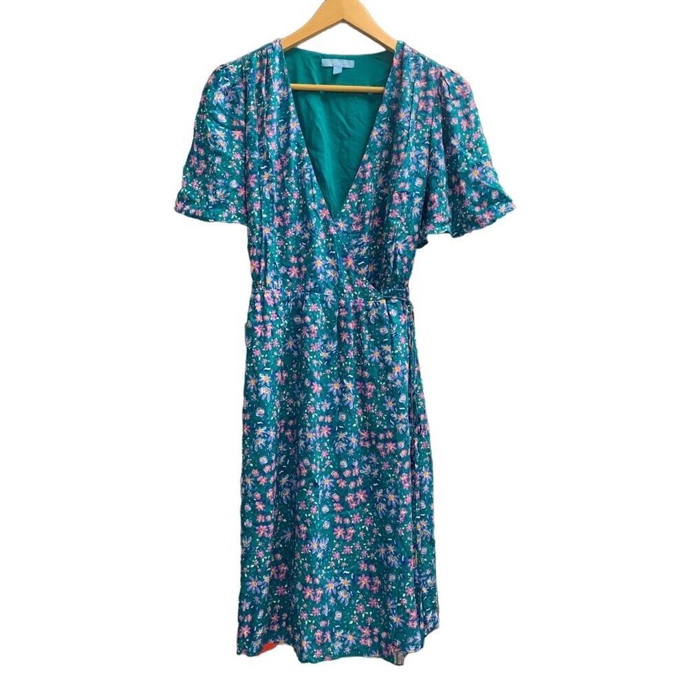 NWT DRAPER JAMES RSVP Sz S floral short sleeve wrap dress flutter sleeves teal